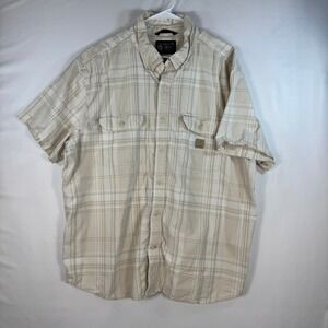 Carhartt Mens 2XL Loose Fit Short Sleeve Plaid Button Down Shirt Tan TW4625-M